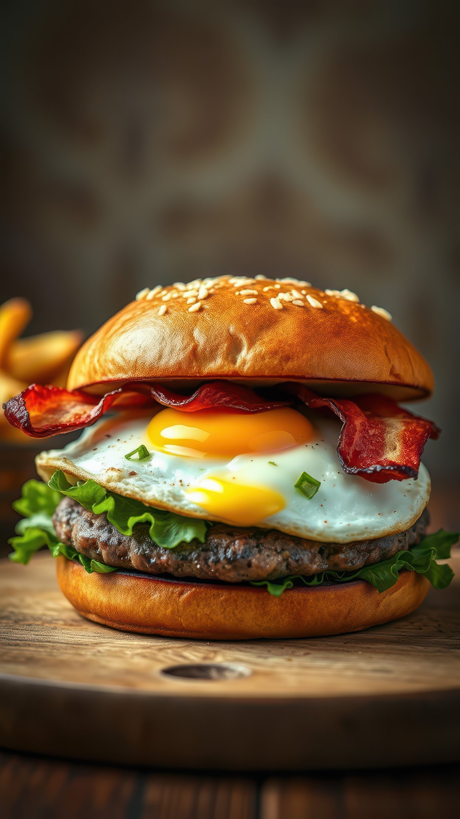 Delicious bacon and egg burger served on a wooden table with crispy fries in the background